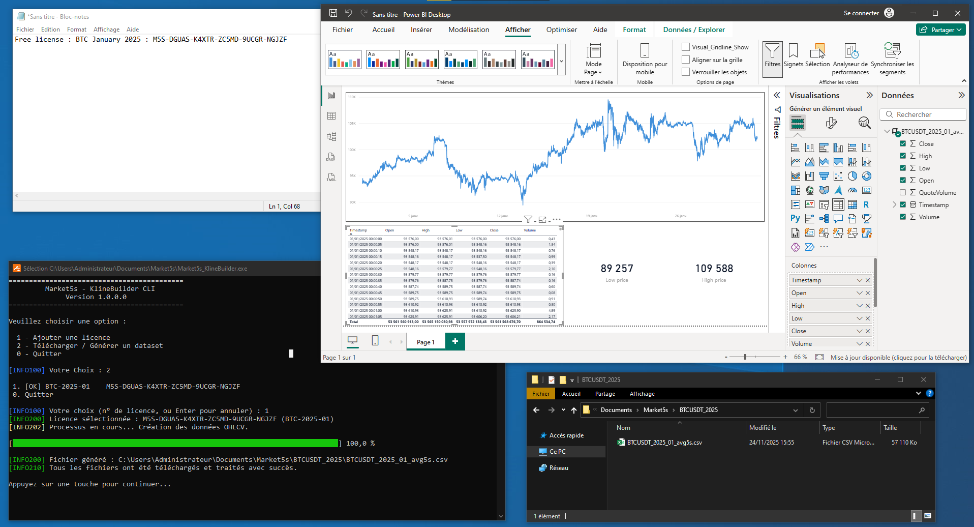 Charger la vidéo : Présentation de l&#39;application Market5s KlineBuilder sous Windows, l&#39;application professionnelle développée en .NET 8.0, conçue pour transformer les données brutes de Binance en datasets crypto propres, vérifiés et optimisés pour vos analyses et modèles de trading.