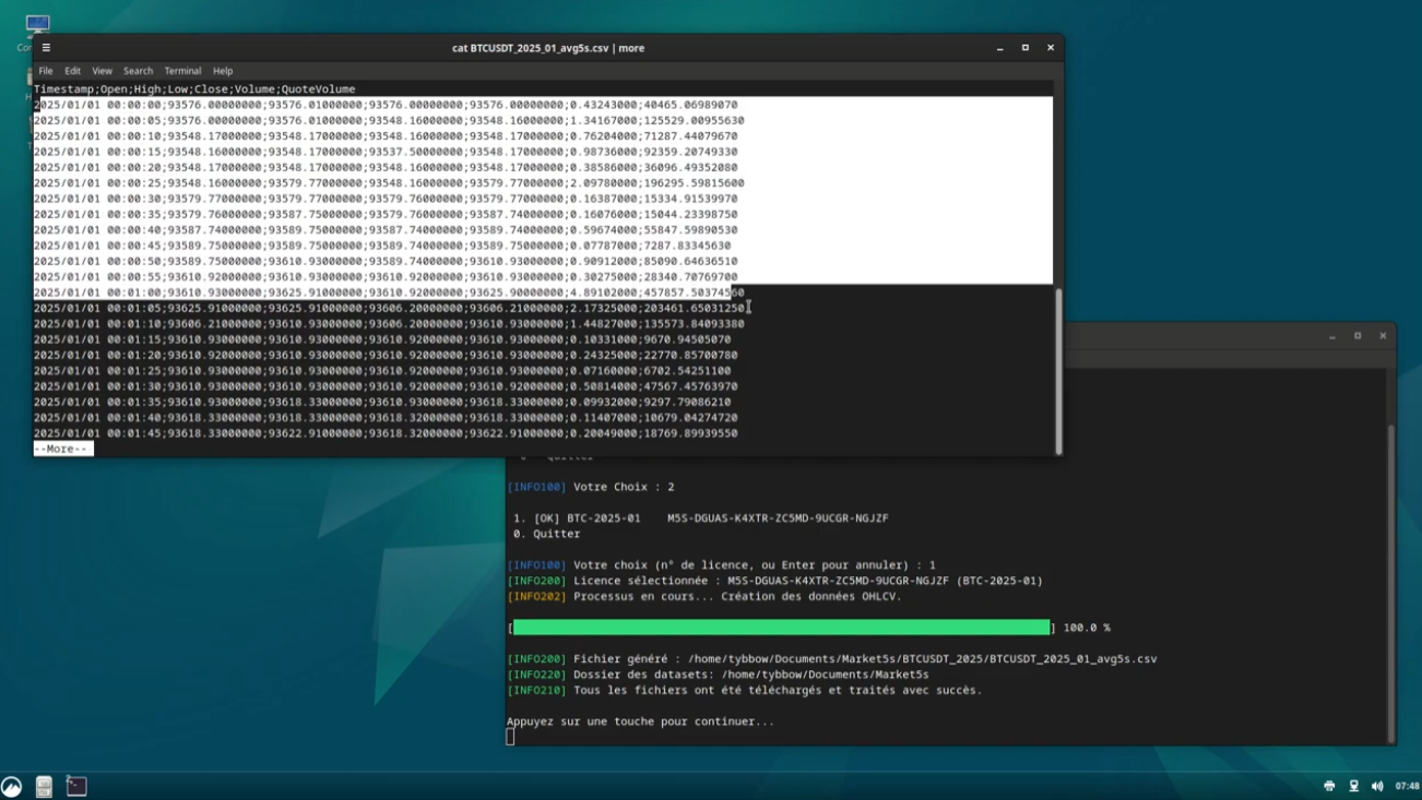 Charger la vidéo : Présentation de l&#39;application Market5s KlineBuilder sous Linux, l&#39;application professionnelle développée en .NET 8.0, conçue pour transformer les données brutes de Binance en datasets crypto propres, vérifiés et optimisés pour vos analyses et modèles de trading.